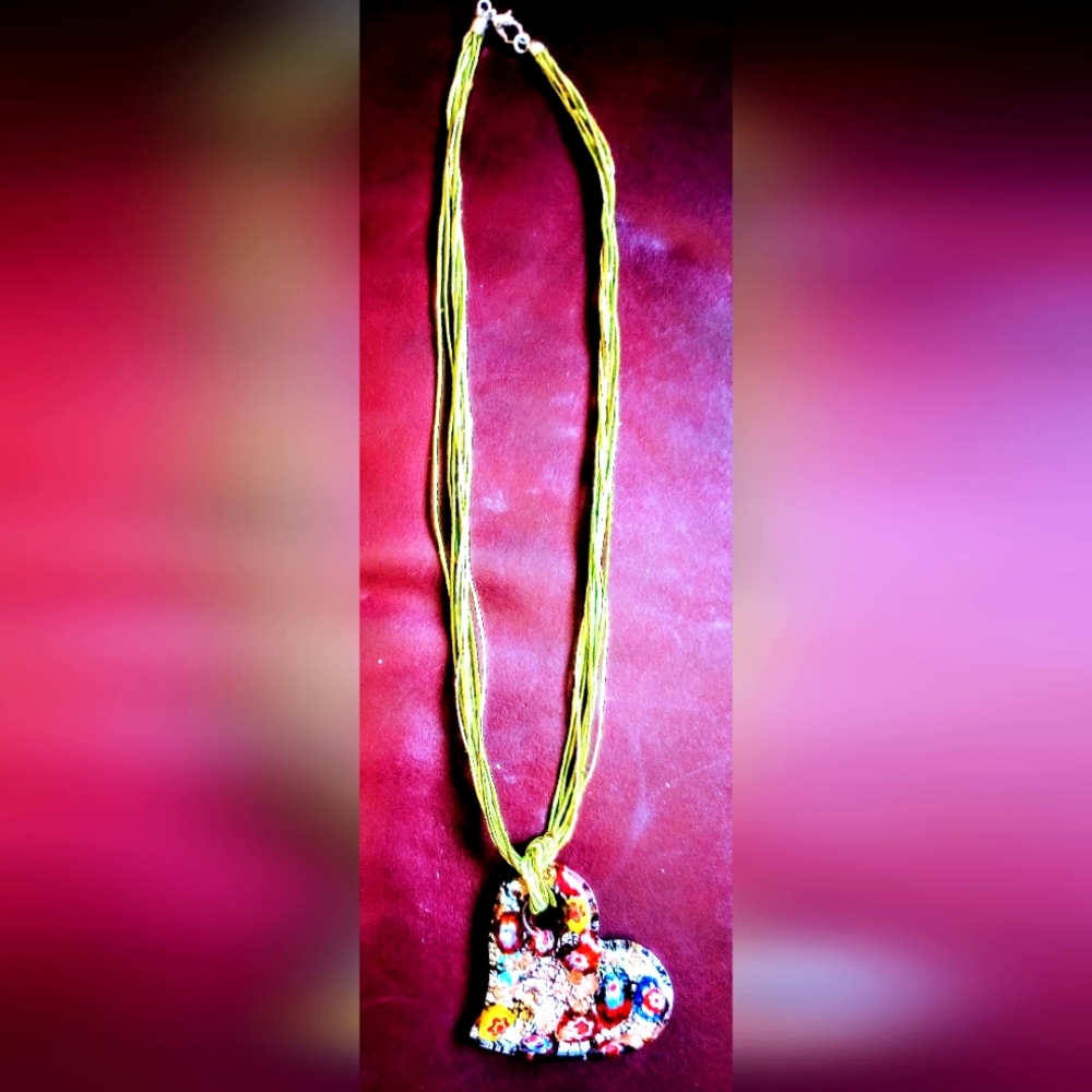 Colorful glass Heart Pendant2" Reversible Copper Color, Necklace 20" Olive Green